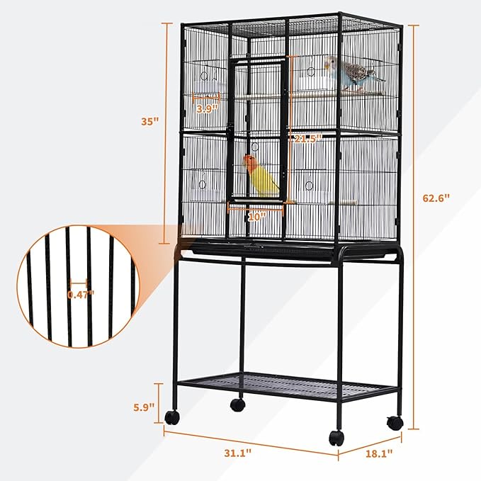 Extra Tall Large Bird Cage with Stand – 62" Flight Cage on Wheels for Parakeets, Parrots, Conures, Lovebirds, Cockatiels – Sturdy Metal Aviary, Black – Spacious Home for Birds – Model