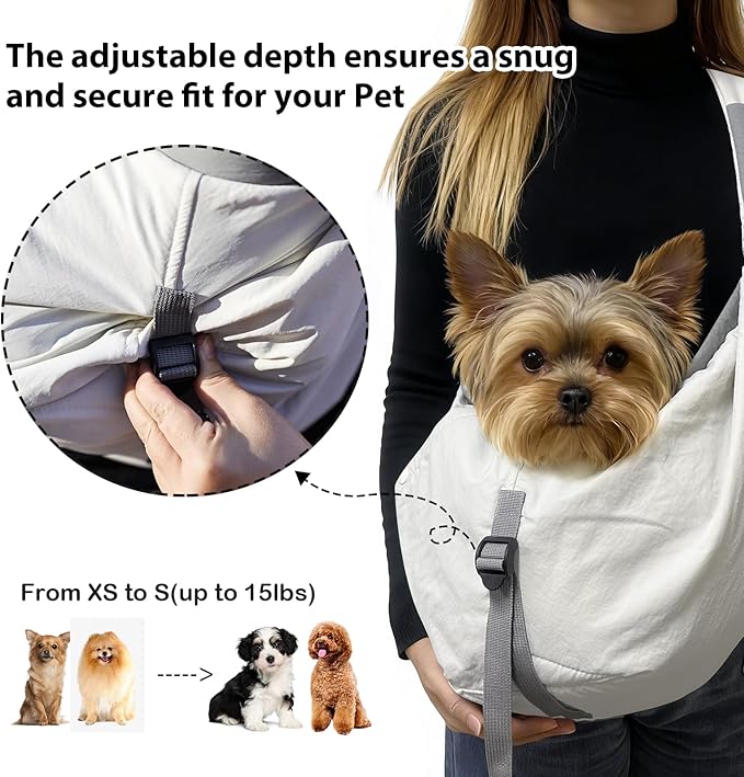 NATUYA Dog Sling Carrier for Small Dogs, Lightweight Cozy Puppy Carrier with Zip Pockets Adjust Strap, Size Adjustable, Double Safety, Hands-Free Travel Carrier for Pet Under 15lbs