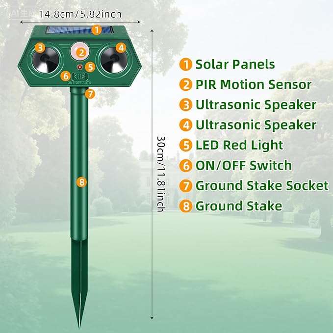 2026 Solar Ultrasonic Animal Repellent Outdoor, IP65 Waterproof Cat Repellent & Deer Repeller Devices, Motion Sensor Racoon Squirrel Fortress Pro Rabbit Skunk Deterrent for Yard Garden (4 Pack)