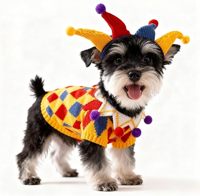 Cat Christmas Sweater Dog Circus Clown Jester Costume with Joker Hat for Small Dogs Cats Cosplay Apparel Kitten Clothes