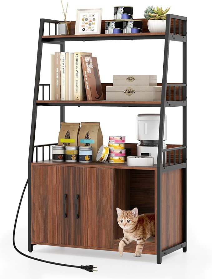 PETSITE Cat Litter Box Enclosure with Storage Shelves, 52 Inches Tall Hidden Litter Box with Charging Station, Scratching Board, and Winding Entry (Walnut)