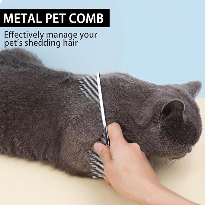 Professional Pet Steel Comb, Stainless Steel Dematting Com for Dogs and Cats, Long and Short Teeth for Removing Mats, Tangles, Knots
