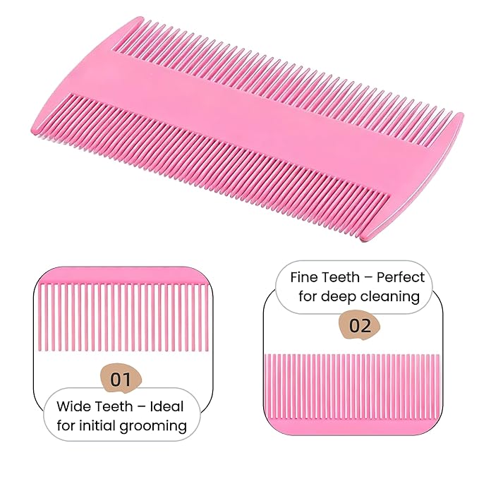 5 Pack Flea & Lice Comb Set for Cats, Dogs & Kids – Stainless Steel Fine Tooth Nit Comb Kit with Double-Sided Tear Stain Remover, Grooming Brush & Peine para Piojos for Thick Hair (Pink)