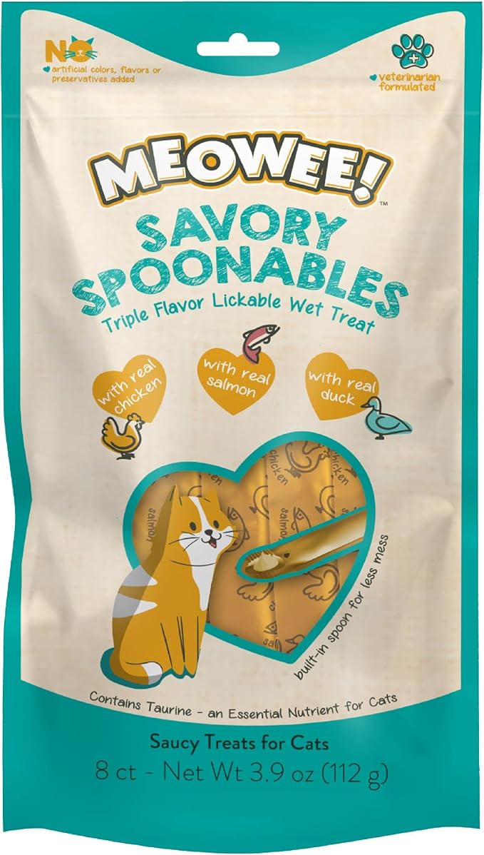 Savory Spoonables with Real Chicken, Salmon and Duck for Cats, 8 Count, Treat Your Cat to Triple Flavor Squeezable Lickable Wet Treats with Built-in Spoon for Less Mess