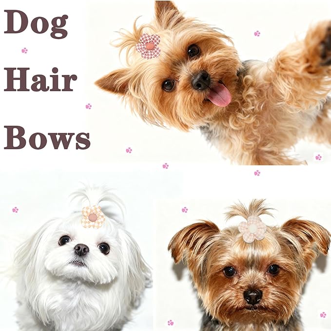 20 Pcs Handmade Cute Puppy Hair Bows, Flower Bowknot with Rubber Bands for Small Dog Hair Ties Accessories Brown