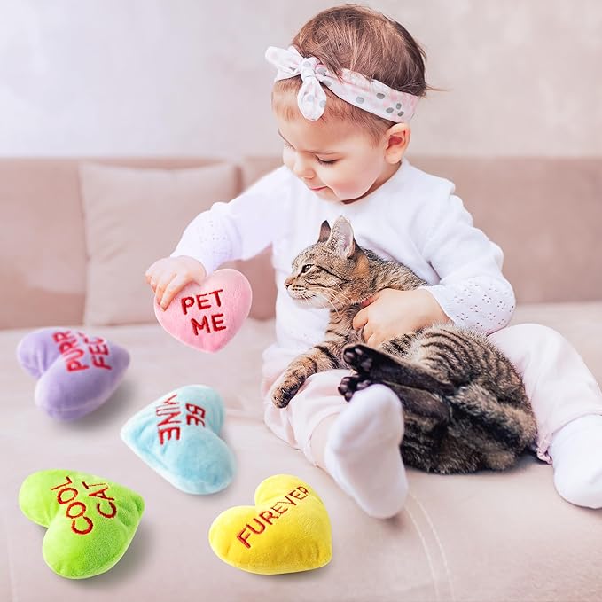 MALLMALL6 5Pcs Valentine’s Day Conversation Heart Candy Catnip Toys for Cat, Catmint Interactive Kitten Teething Chew Kick Toy for Indoor Cats, Soft Pet Sweetheart Gift Supplies