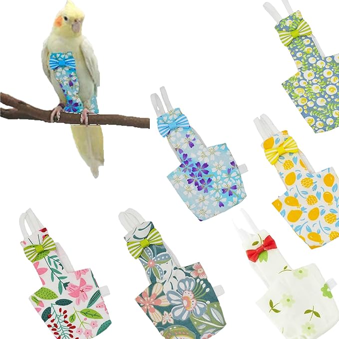 6-Piece Bird Diaper Set for Parrots, Reusable Protective Flight Suits with Waterproof Inner Layer, Washable Urine Wet Suit for Cockatiel, Parakeet, Budgie, and Small Birds(XS)
