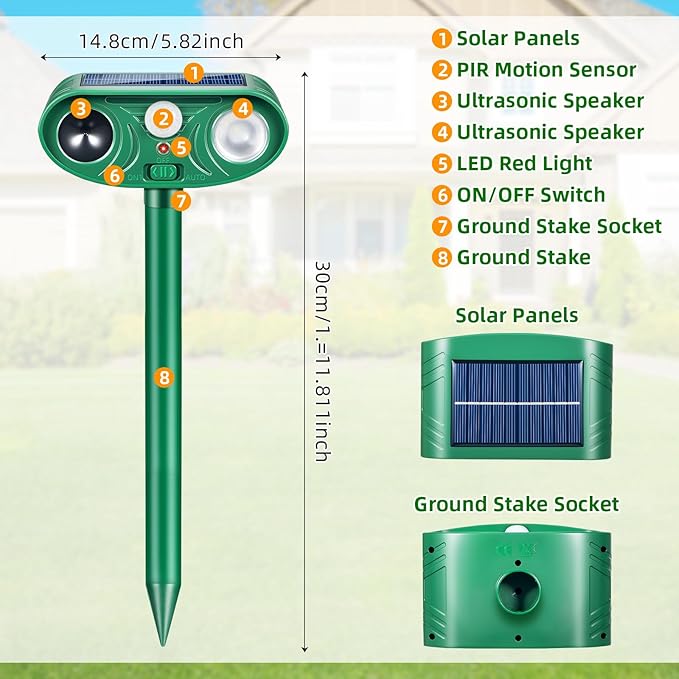 2026 Upgraded Solar Ultrasonic Animal Repeller Outdoor with Motion Sensor & LED Strobe Cat Repellent Outdoor Effective Dog, Deer, Raccoon, Squirrel Deterrent for Yard, Lawn, Garden 4 Pack