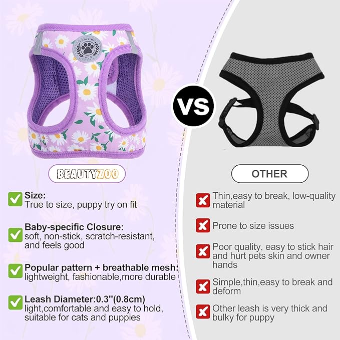 BEAUTYZOO Step in Dog Harness and Leash Set, Floral Pattern Reflective Dog Harness No Pull No Choke Puppy Harness for XXS XS S Dogs Cats, Soft Padded Mesh Vest Harnesses for Girl and Boy Pets