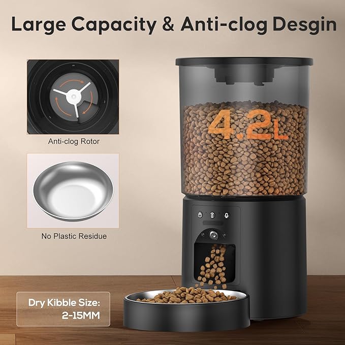Automatic Cat Feeder with Camera,WiFi Cat Food Dispenser with App Control,1080P HD Video,Two-Way Audio, Transparent 4.2L Food Container (White)