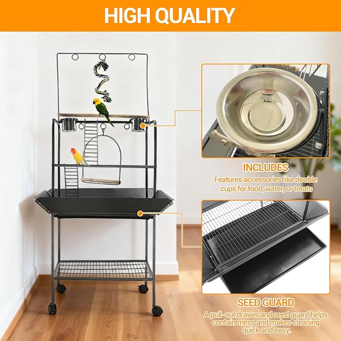 Small Parrot Playstand with Wheels, 62 Inch Bird Playstand, Bird Stand Activity Play Center with Perches and Ladders, Indoor Outdoor Playground for Birds with Swing Black Hammertone Finish