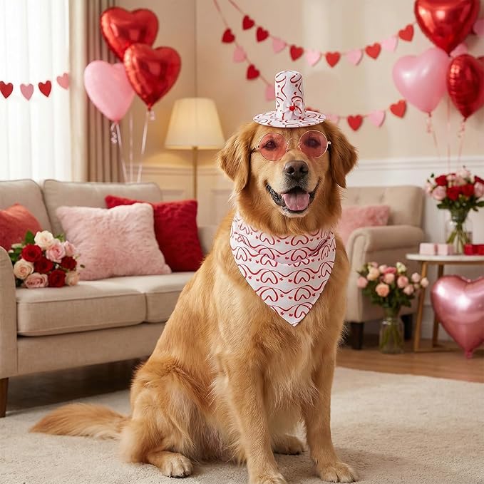 3 Pcs Valentine's Day Pet Costume Set Cat Bandna Hat and Sunglasses for Small Medium Dogs Party Outfits (Pink)