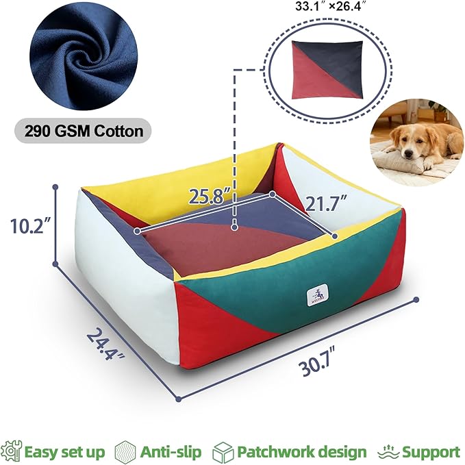Washable Rectangle Dog Bed with Removable Cover, Color-Block Gingham Cotton Pet Sofa, Breathable Scratch Resistant Dog Bed, Medium