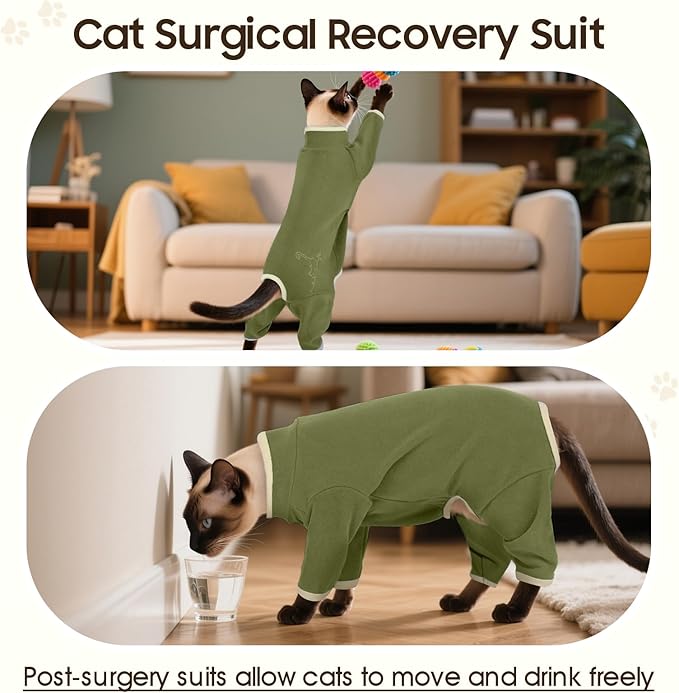 DENTRUN Cat Clothes for Hair Control with Hair Sticky Fabric - Soft Recovery Suit & Breathable Lint-Resistant Cat Sweater for Cats Only, Kitten Onesie Pajamas, L, Army Green