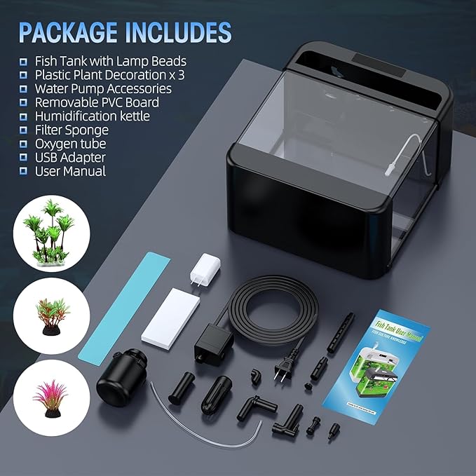Fish Tank 2.2 Gallon,Small Fish Tanks Kits,Aquarium Fish Tank Starter Kit with 3-in-1 Silent Pump and 7 Color Led Light,with Temperature Display,for Fish,Shrimp,Betta(Black-2.2 Gallon)