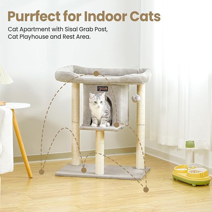 Cat Tree Tower Scratching Post for Indoor Large Cats, Small Cat Tree with Big Perch Bed, 28in Tall Trees House with Condo Cave, Toy Balls, Modern Climbing Furniture Platform for Kitten (Light Gray)
