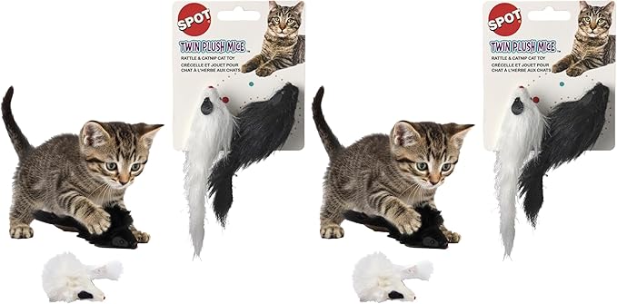 SPOT Twin Plush Mice Cat Toy- Rattle and Catnip Toy for Indoor Cats and Kittens - Classic Toy for Batting and Chasing Around - Fun Entertainment for Hours - 4.5in, 2pcs (Pack of 2)