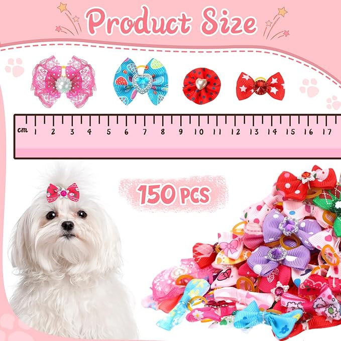Reginary 150 Pack Dog Bows Grooming Cute Dog Hair Bows Girl with Rubber Bands Small Puppy Bowknots Colorful Hair Accessories for Dogs Puppies Pets Gift (Classic Style)