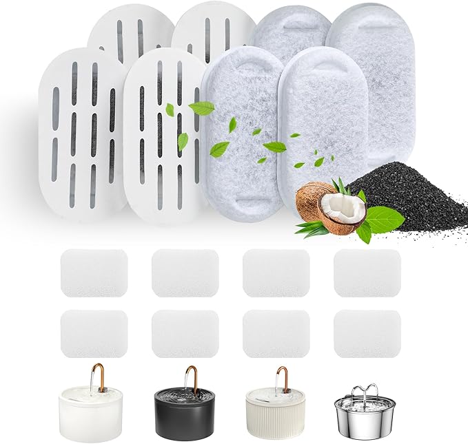 DOOOB Cat Water Fountain Filters, 16 Pack Cat Fountain Filter, Cat Fountain Replacement Filters for DOOOB Stainless Steel Cat Water Fountain, Pet Water Fountain Filters (8 Filters & 8 Sponges)