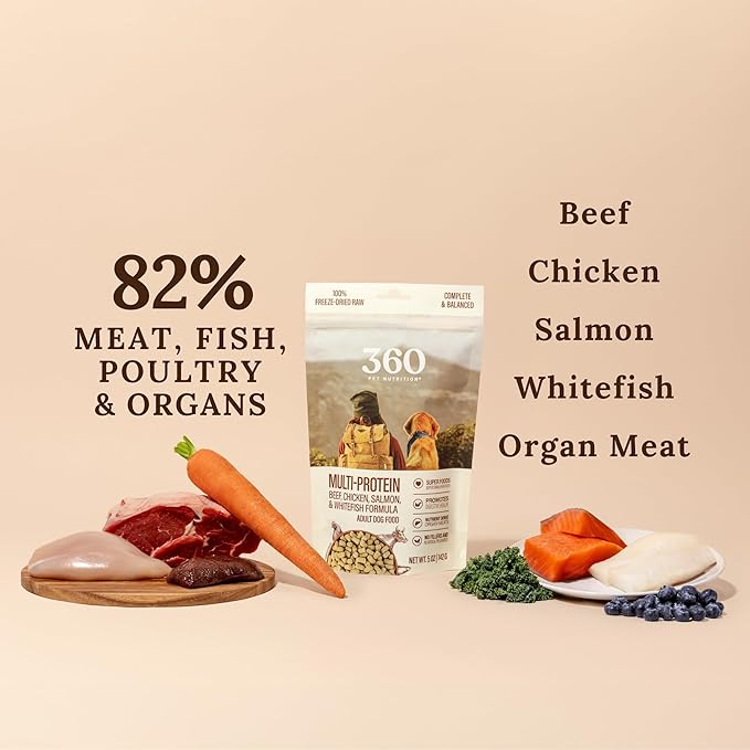 360 Pet Nutrition Freeze-Dried Raw Dog Food – Multi-Protein with Beef, Chicken, Fish, Liver & Organs, High Protein, Omega-3s, Fruits, Veggies & Superfoods, Grain-Free, No Fillers, 5 oz – Made in USA