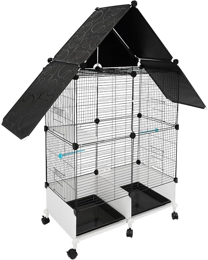 50 Inch 2-Tier Big Bird Cage with Food & Water Bowls Parakeet Bird Cage with Stand, Wheels Metal Birdcage Parrot Cage for Parakeet, Lovebirds, Ringneck, Cockatiels (Black, 2-Tier)
