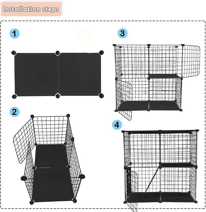 DIY Cat Cage,Pet Playpen Indoor, Detachable Metal Wire Small Animal Cages, 2-Tier Crate Large Exercise Place, Kitten Enclosures with 2 Door, 29.5 x 15.3 x 28.7 Inch, Black
