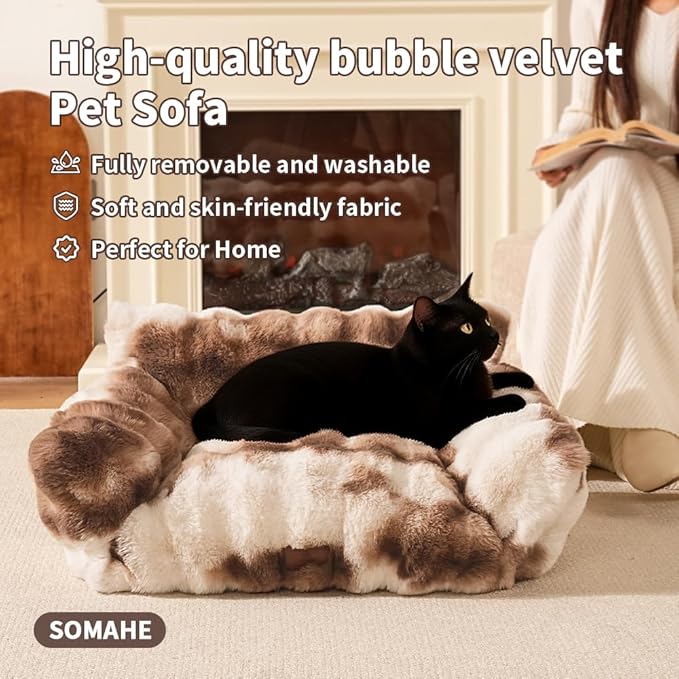 Cat Bed for Indoor Cats Dog Couch Cat Couch Bed Washable Dog Beds for Small Dogs & Cats with Removable Cover, Fluffy Pets Couch with Non-Slip Bottom 24"X18"X10"Blue