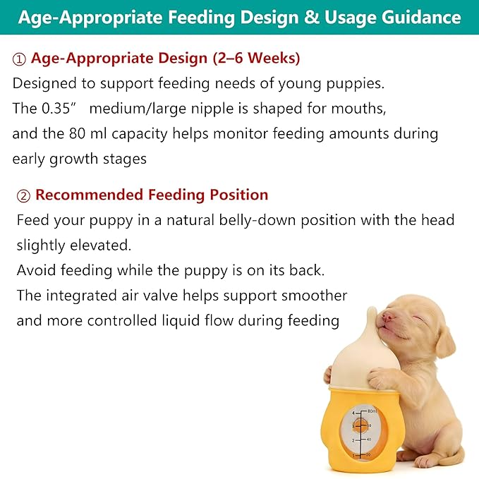 Puppy Nursing Bottle Medium/Large 80ml, Silicone Nipple Feeding Bottle for Newborn Puppies (2–6 Weeks), Yellow