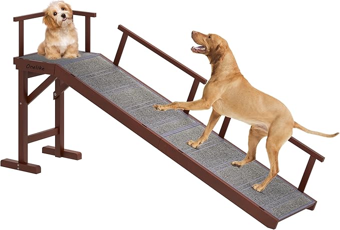 Onelike Wooden Dog Ramp for Bed with Removable Side Rail and Non-Slip Carpet, Stable Pet Ramp Stair for Couch Sofa for Small & Large & Senior Dogs, 74" Long Ramp Brown