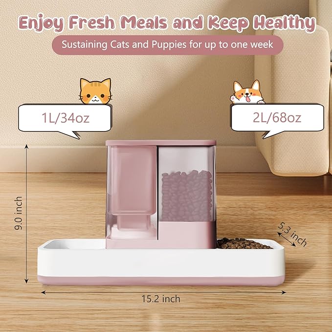 Automatic Cat Feeder and Water Dispenser, 2 in 1 Gravity Pet Food Feeder and Water Dispenser Detachable Cat Food Dispenser for Small Dogs and Cats, Pink