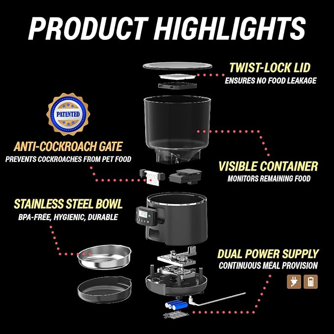 Automatic Cat Feeder Timed Food Dispenser for Cat Pet | Patented Anti-Cockroach Design Easy Clean