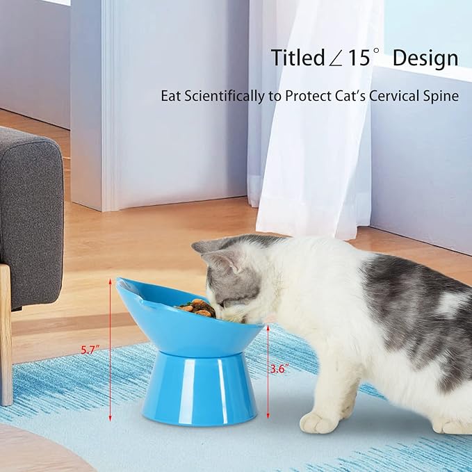 Detachable Elevated Cat Bowls, 15° Tilted Raised Cat Food Bowl Anti-Vomiting,Whisker Friendly, Adjustable Large Cat Dishes Extra Wide for Protecting Spine, Adult Kitten (Blue)