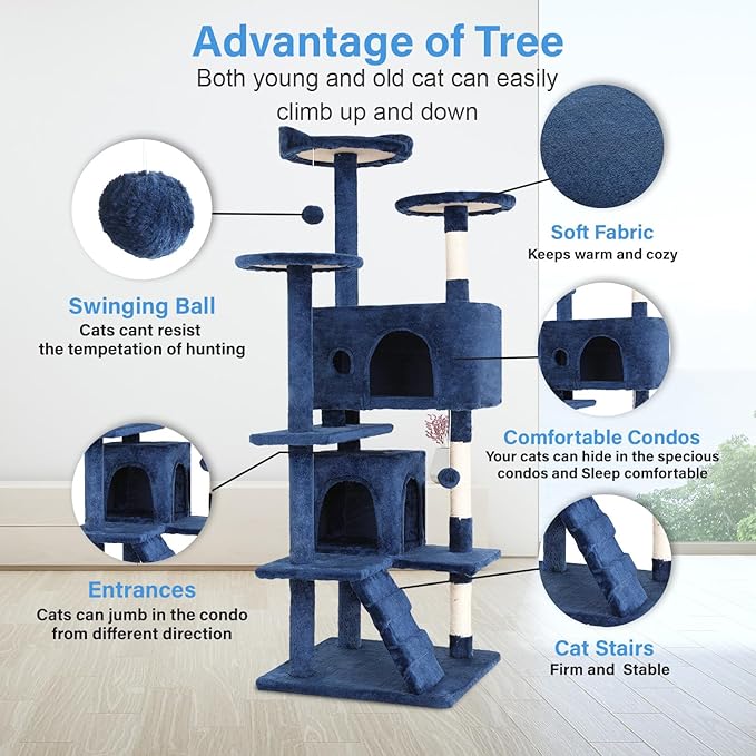 FDW | 54" Cat Tree Tower | Navy Blue | Multi-Level Indoor Activity Center with Sisal Scratching Posts, Condos, Plush Perches, Hanging Cat Toys | Sturdy, Easy to Assemble | for Kittens & Adult Cats