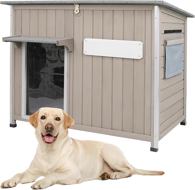 Dog House Outdoor Weatherproof & Wooden Dog Kennel with Chew-Proof Iron Frame，Removable Floor, Adjustable Vent Window, Easy Assembly for Medium Dogs (43.3" L x 29.5" W x 33.5" H)