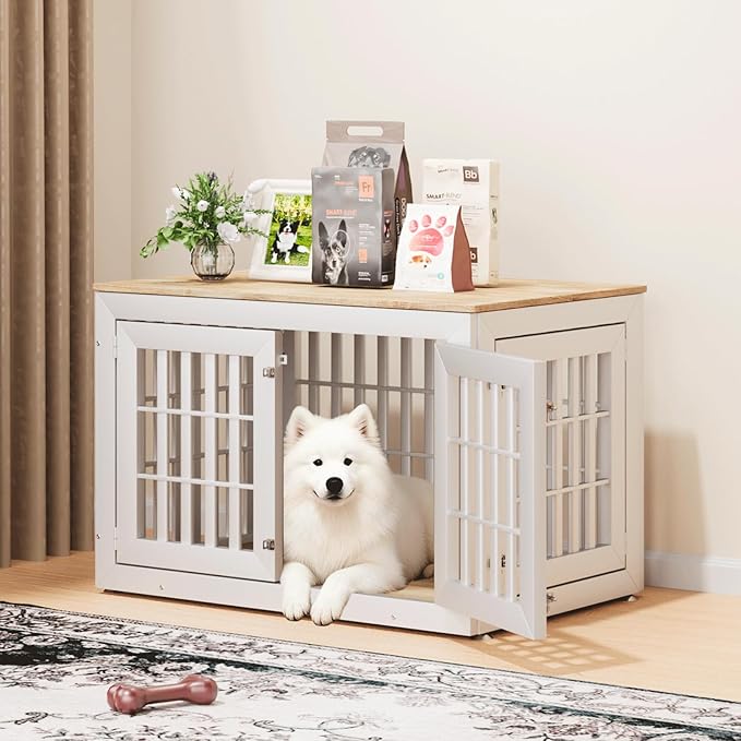 42" Heavy Duty Dog Crate Furniture for Small,Medium and Large Dogs,Rustic Wooden Dog Cage Kennel Indoor Furniture with Waterproof Top,Decorative Pet House Side End Table (White & Wood)