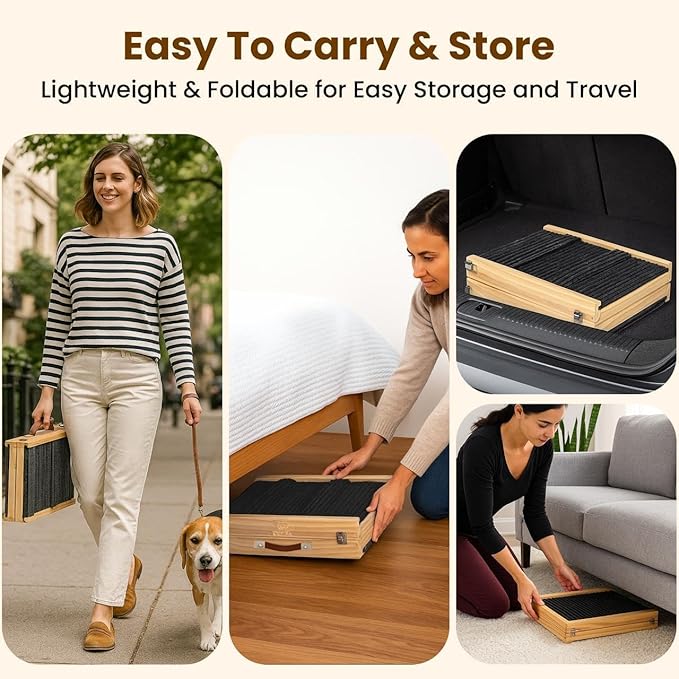 Adjustable Dog Ramp 40.5" Length, 5 Heights 10–24 Inches, Foldable Pet Ramp for Bed & Couch, Solid Wood, Non-Slip Carpet, Portable