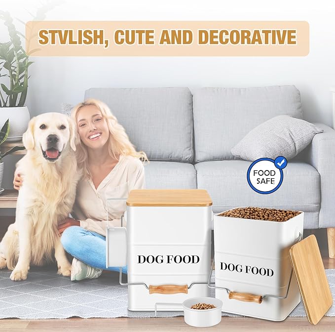 Tioncy 2 Pcs Metal Dog Food Storage Containers Total 10-14 Lbs (50 Cup) Capacity, Airtight Pet Food Canister with Bamboo Lids Scoop DIY Labels Dog Treat Storage Jars for Kitchen Counter(White)