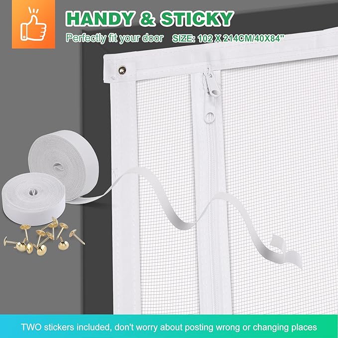 Reinforced Cat Screen Door, 40X84” Heavy Duty Pets Proof Screen Door with Bilateral Zipper, Prevent Dogs Cats Running Out from Home, Bedroom, Living Room, Kitchen Patio Door (White)