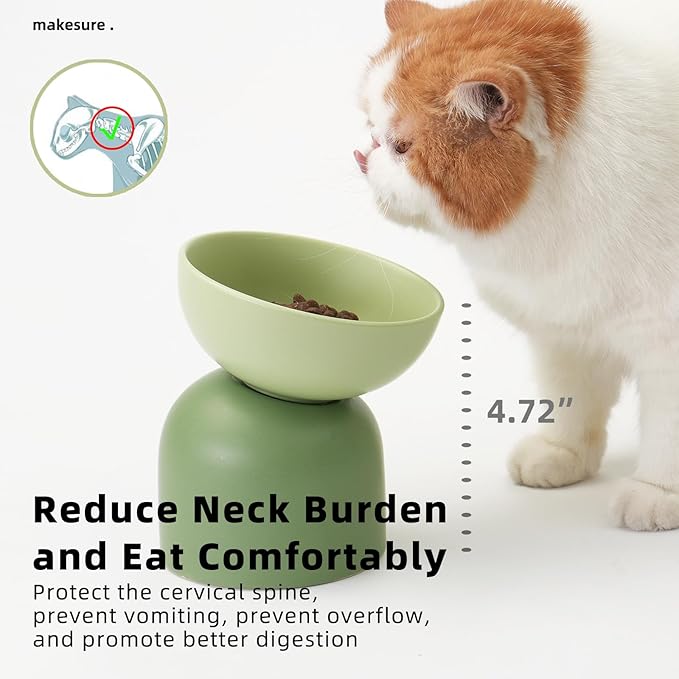 Elevated Ceramic Cat Food Bowl - 5.5" Wide Dish for Whikser Friendly, 6.6" Height for Easy Feeding, Lead & Cadmium Free, Durable Raised Cat Food Bowls, Green