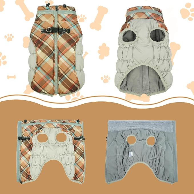 Lelepet Warm Dog Winter Coat Dog Coats for Large Dogs Waterproof Dogs Jacket with Harness Built in Reflective Cold Weather Coats Windproof Zip-Up Winter Fleece Vest Snowsuit Pitbull Brown Plaid XXL
