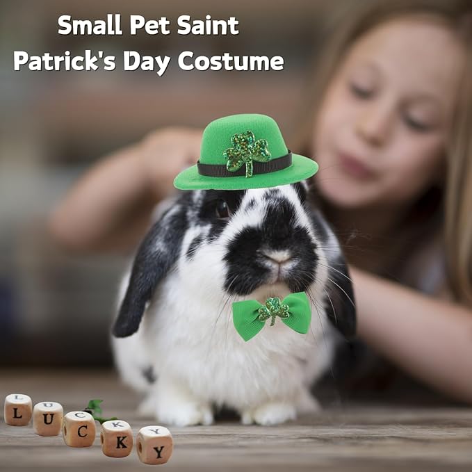 Guinea Pig Saint Patrick's Day Hat Bow Tie Set Small Animal Irish Green Top Hat with Shamrock Décor St.Patrick's Day Costume Accessories for Rabbit Bunny Ferret Bearded Dragon Puppy Kitten