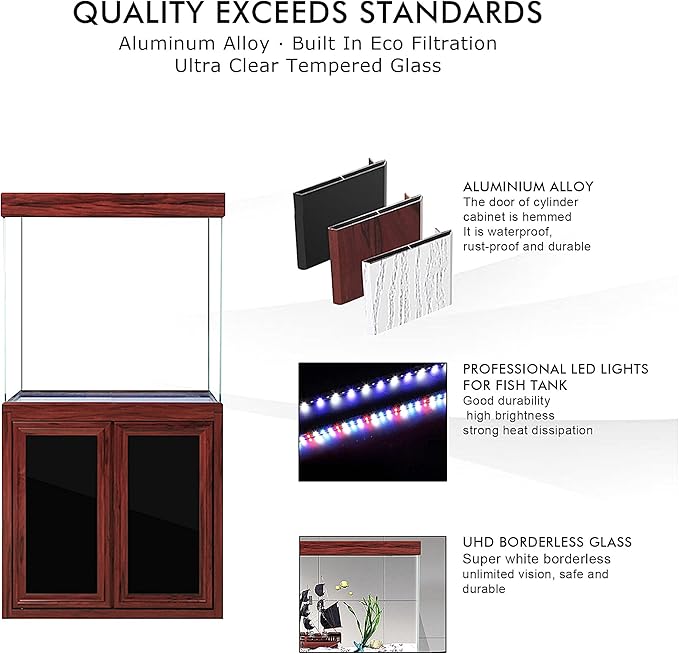 40 Gallon Glass Aquarium with Aluminum Cabinet - Including Sump for Filtration and Circulation, Plumbing, LED, Redwood