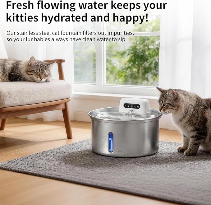 YFL Wireless Cat Water Fountain, 108oz/3.2L Battery Operated Pet Water Fountain, Stainless Steel Dog Water Dispenser with Motion Sensor, Quiet Cordless Cat Fountain for Inside