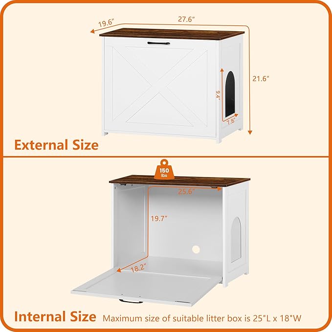 Dwanton Cat Litter Box Furniture Hidden, Cat Litter Box Enclosure, Reversible Entrance Can Be on Left or Right Side, Indoor Cabinet, Wooden Washroom, End Table, White and Rustic Brown, 27.6" L