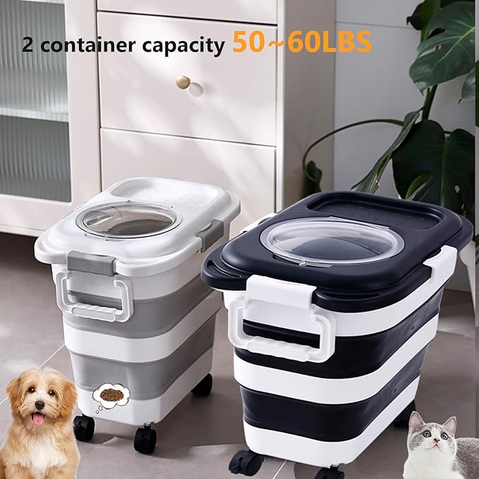 2pack 25 lbs Dog Food Storage Container,Collapsible Dog Food Container with Scoop,Pet/Dog/Cat/Bird Food/Cat litter Storage Containers to Keep Dry,Easy to Move.(Black+white)