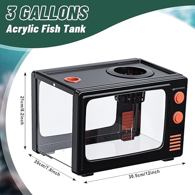 3 Gallon Fish Tank Aquarium Kit with LED Lights, Filter & Plant Planter - Retro TV Shaped Design Desktop Water Garden for Betta/Goldfish (Black - 3 Gallon)