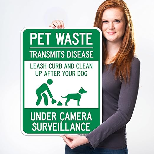 Pet Waste Leash-Curb and Clean Up After Your Dog Under Camera Surveillance Sign, 18x24 Inches, 55 mil Thick HDPS (high Density polystyrene), Made in USA