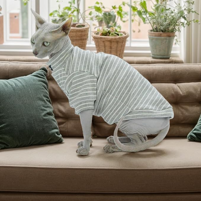 Sphynx Cat Sweater Hairless Cat Clothes Sweater Shirt Soft Warm Long Sleeves Pullover Pet Clothes Pajamas Dog Cloth for Small Dogs Jumpsuit Pet Sweaters (Striped, XX-Large)