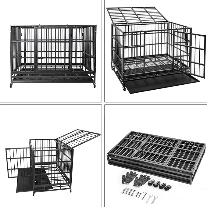 Oranland 48 Inch Heavy Duty Dog Crate Cage with Wheels, High Anxiety Indestructible, Sturdy Locks Design, Double Door and Removable Tray, Extra Large XL XXL