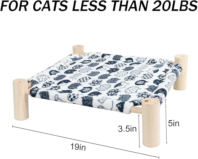 Patas Lague Cat and Dog Hammock Bed for Small Dogs, Flannel Fleece Wooden Cat Pet Rabbit Elevated Bed Cots Furniture for All Seasons White
